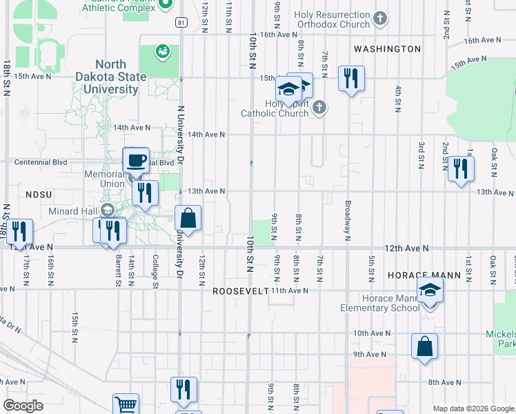 map of restaurants, bars, coffee shops, grocery stores, and more near 1221 10th Street North in Fargo