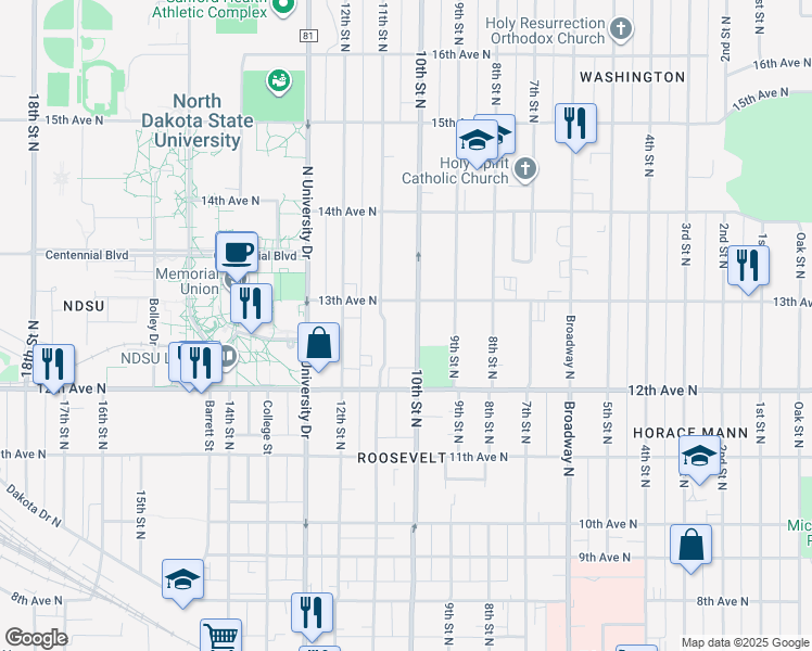 map of restaurants, bars, coffee shops, grocery stores, and more near 1221 10th Street North in Fargo