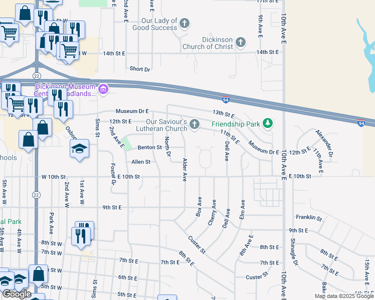 map of restaurants, bars, coffee shops, grocery stores, and more near 1052 Alder Avenue in Dickinson