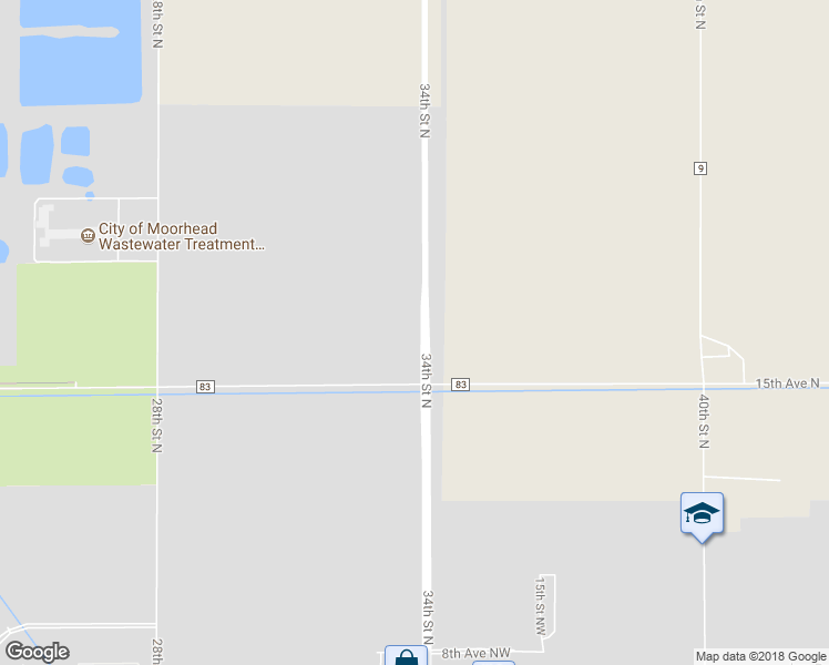 map of restaurants, bars, coffee shops, grocery stores, and more near 1601 34th Street North in Moorhead