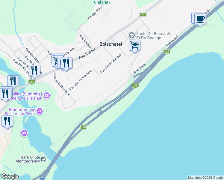 map of restaurants, bars, coffee shops, grocery stores, and more near 516 Côte de l'Église in Boischatel