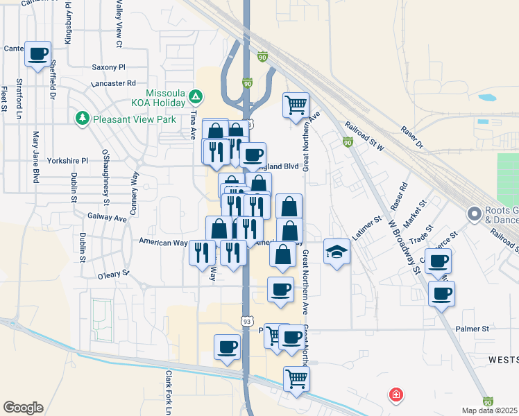 map of restaurants, bars, coffee shops, grocery stores, and more near 2950 North Reserve Street in Missoula