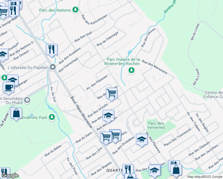 map of restaurants, bars, coffee shops, grocery stores, and more near 8407 Rue des Tamias in Quebec