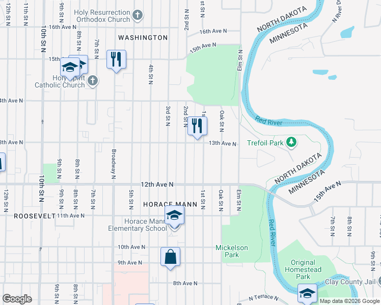 map of restaurants, bars, coffee shops, grocery stores, and more near 1229 2nd Street North in Fargo