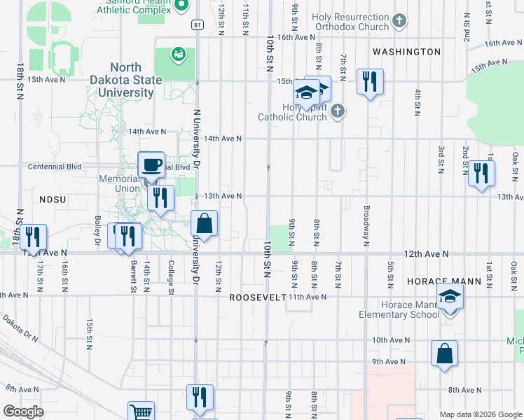 map of restaurants, bars, coffee shops, grocery stores, and more near 1221 10th Street North in Fargo