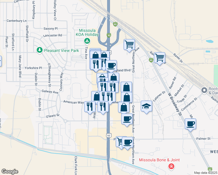 map of restaurants, bars, coffee shops, grocery stores, and more near 2722-2910 U.S. 93 in Missoula