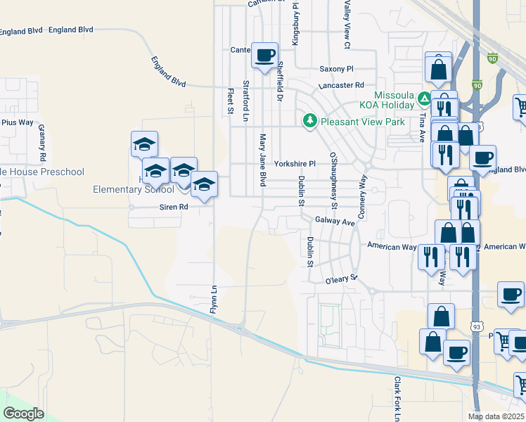 map of restaurants, bars, coffee shops, grocery stores, and more near 2323 Mary Jane Boulevard in Missoula