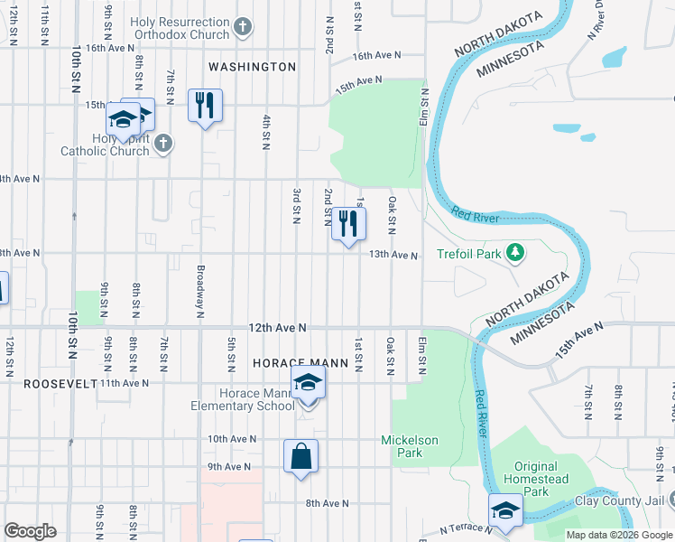 map of restaurants, bars, coffee shops, grocery stores, and more near 1229 2nd Street North in Fargo