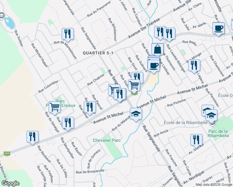 map of restaurants, bars, coffee shops, grocery stores, and more near 9 Rue Drouard in Québec