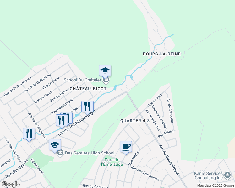 map of restaurants, bars, coffee shops, grocery stores, and more near 1491 Chemin de Château-Bigot in Québec
