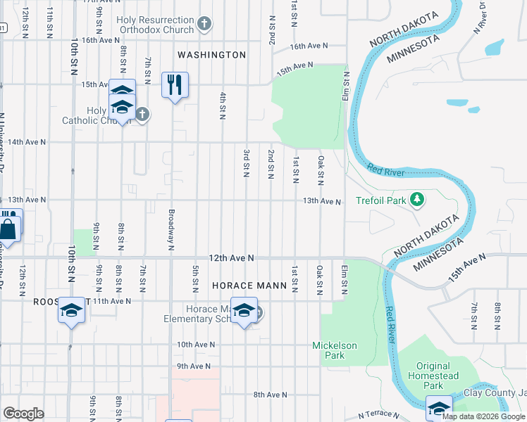 map of restaurants, bars, coffee shops, grocery stores, and more near 1305 2nd Street North in Fargo