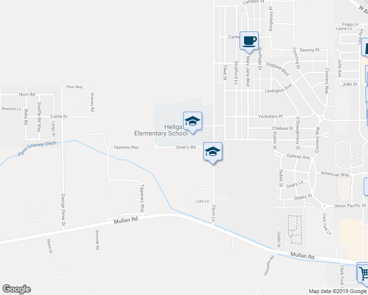 map of restaurants, bars, coffee shops, grocery stores, and more near Siren's Road in Missoula