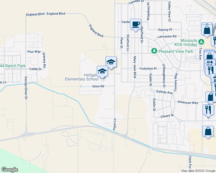 map of restaurants, bars, coffee shops, grocery stores, and more near 4545 Siren Road in Missoula