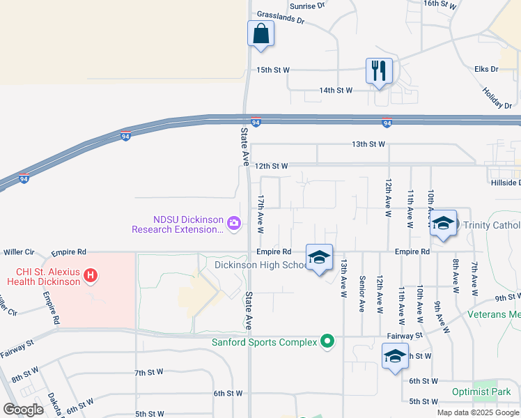 map of restaurants, bars, coffee shops, grocery stores, and more near 1099 17th Avenue West in Dickinson