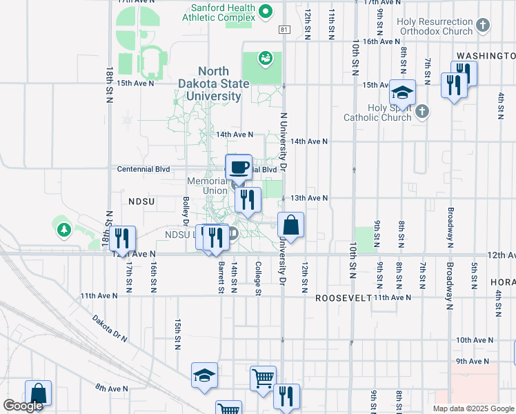 map of restaurants, bars, coffee shops, grocery stores, and more near 1340 Administration Avenue in Fargo