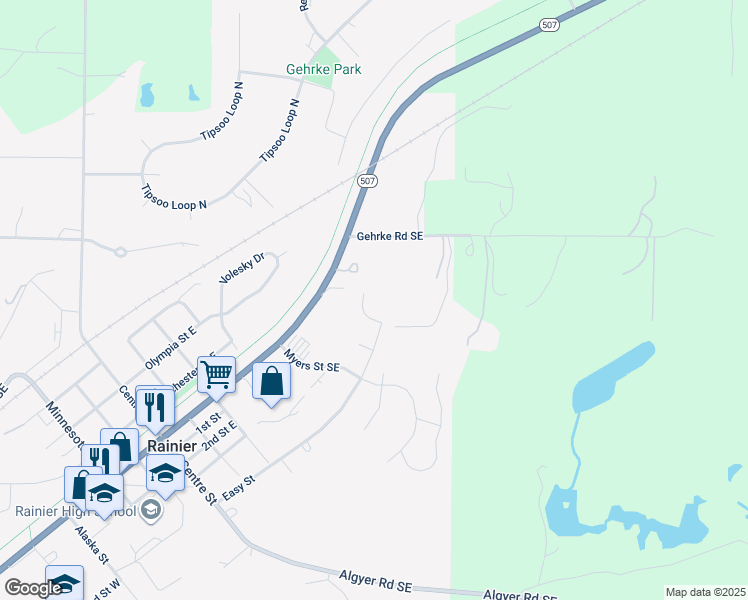 map of restaurants, bars, coffee shops, grocery stores, and more near 110 Crimson Court Southeast in Rainier