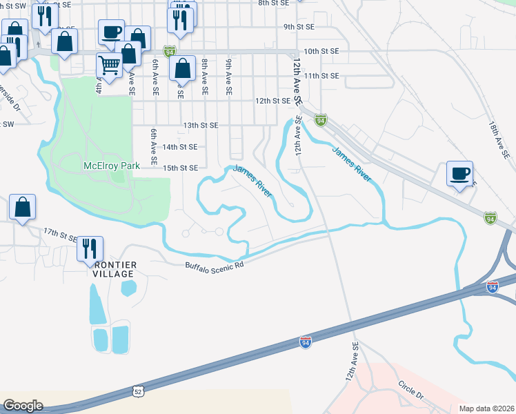 map of restaurants, bars, coffee shops, grocery stores, and more near 1511-1699 9th Avenue Southeast in Jamestown