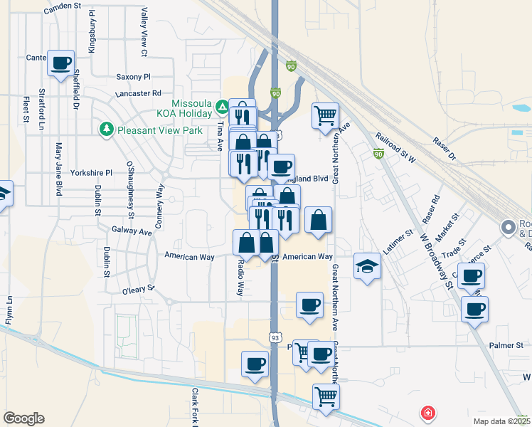 map of restaurants, bars, coffee shops, grocery stores, and more near 3063 North Reserve Street in Missoula
