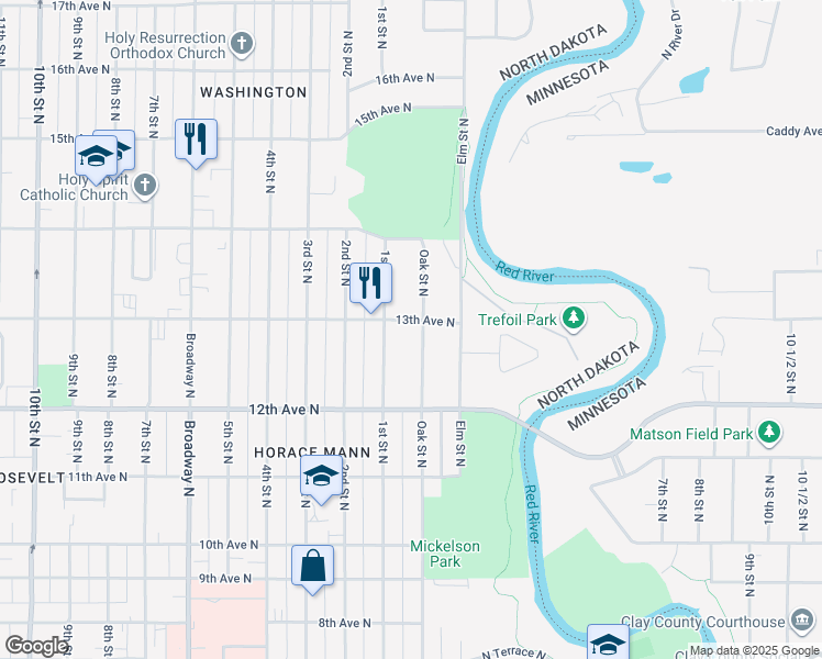 map of restaurants, bars, coffee shops, grocery stores, and more near 1301 Oak Street North in Fargo