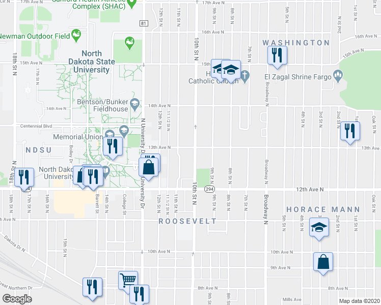 map of restaurants, bars, coffee shops, grocery stores, and more near 921 13th Avenue North in Fargo