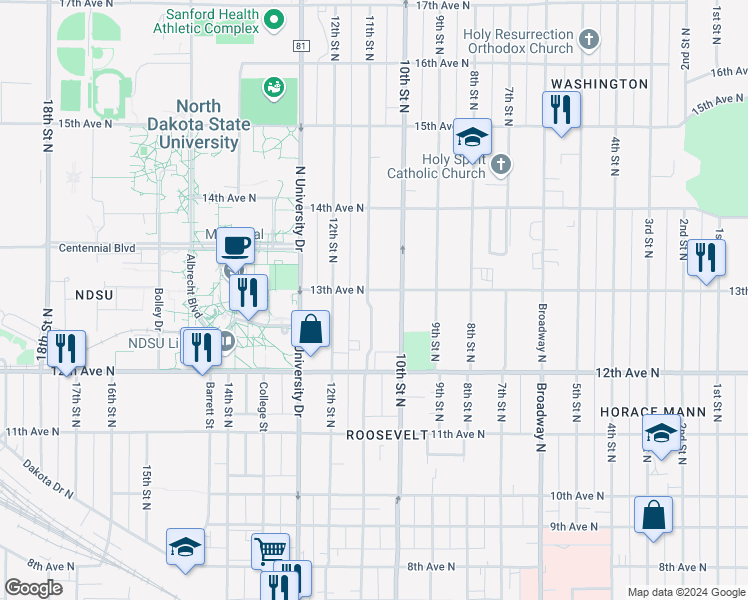 map of restaurants, bars, coffee shops, grocery stores, and more near 1303 11th Street North in Fargo