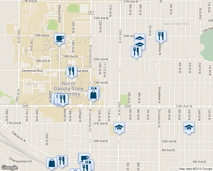 map of restaurants, bars, coffee shops, grocery stores, and more near 1303 11th Street North in Fargo