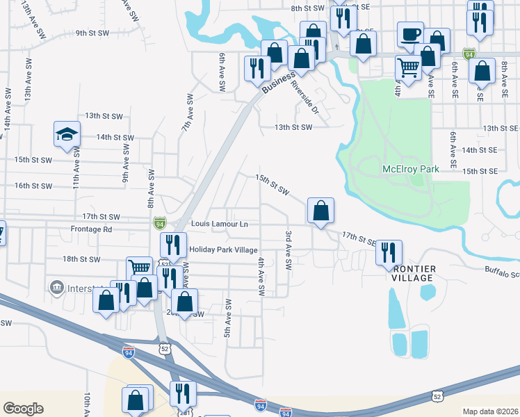map of restaurants, bars, coffee shops, grocery stores, and more near 400 16th Street Southwest in Jamestown