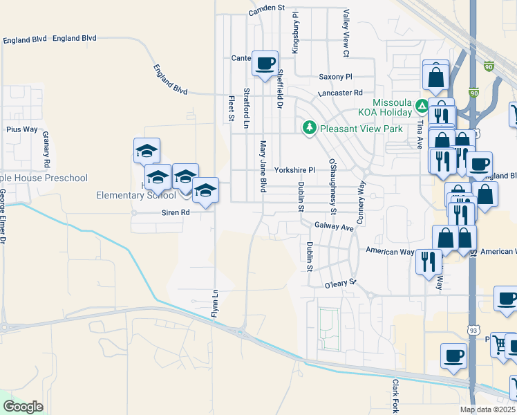 map of restaurants, bars, coffee shops, grocery stores, and more near 2323 Mary Jane Boulevard in Missoula