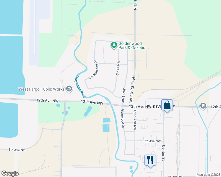 map of restaurants, bars, coffee shops, grocery stores, and more near 1235 Goldenwood Drive in West Fargo