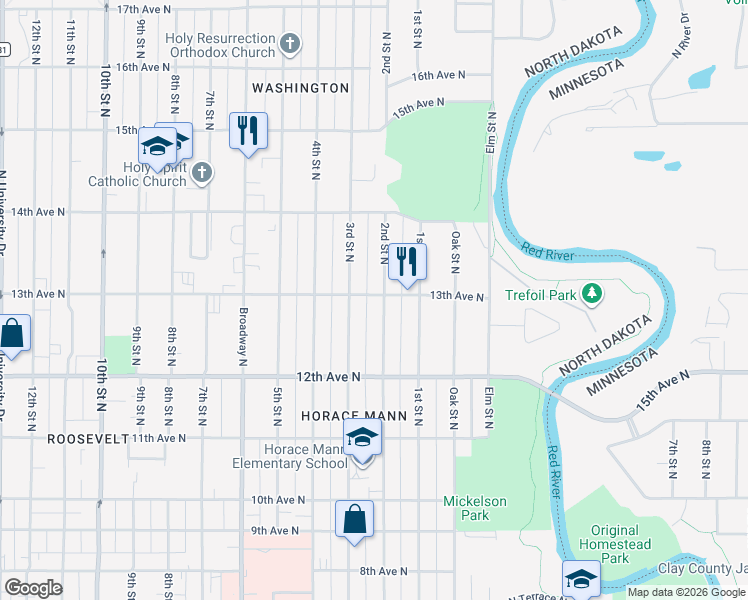 map of restaurants, bars, coffee shops, grocery stores, and more near 1305 2nd Street North in Fargo