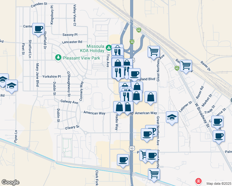 map of restaurants, bars, coffee shops, grocery stores, and more near 2902 Tina Avenue in Missoula
