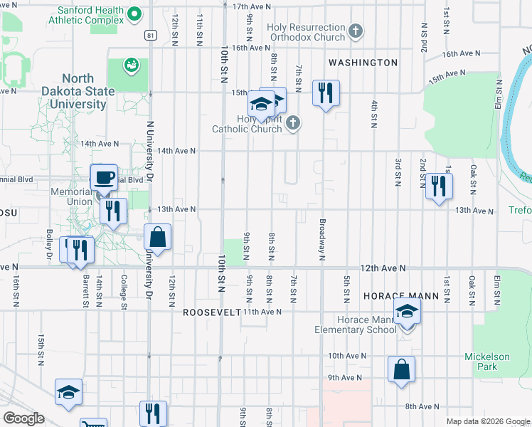 map of restaurants, bars, coffee shops, grocery stores, and more near 1260 8th Street North in Fargo