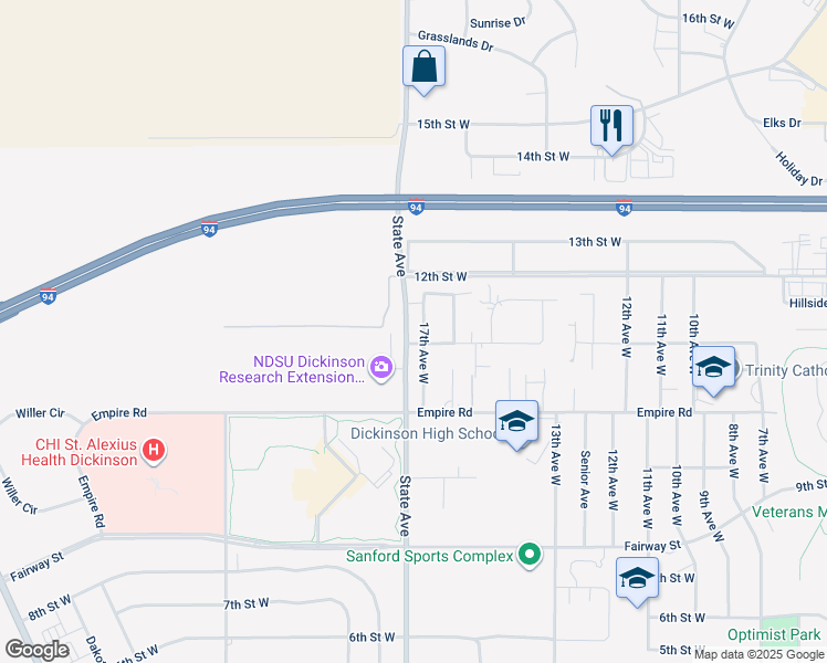 map of restaurants, bars, coffee shops, grocery stores, and more near 1150 17th Avenue West in Dickinson
