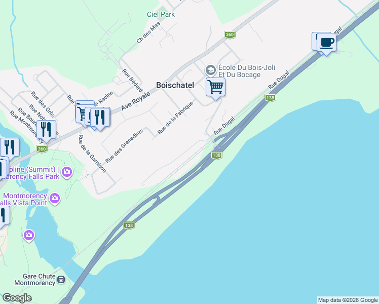 map of restaurants, bars, coffee shops, grocery stores, and more near 512 Côte de l'Église in Boischatel