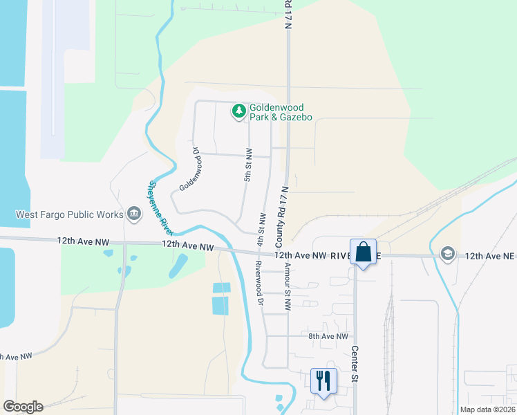 map of restaurants, bars, coffee shops, grocery stores, and more near 1246 4th Street Northwest in West Fargo
