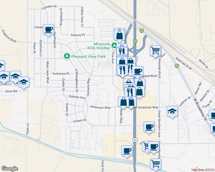 map of restaurants, bars, coffee shops, grocery stores, and more near 3001 Tina Avenue in Missoula