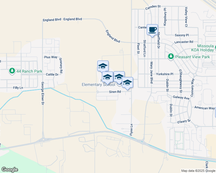 map of restaurants, bars, coffee shops, grocery stores, and more near 2365 Flynn Lane in Missoula