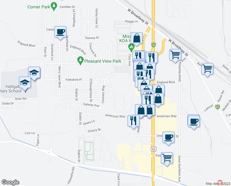 map of restaurants, bars, coffee shops, grocery stores, and more near 3009 Tina Avenue in Missoula
