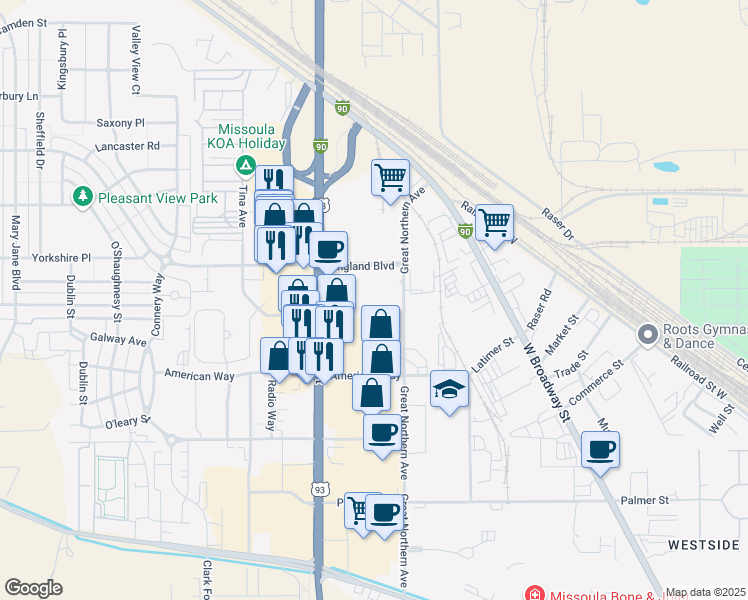 map of restaurants, bars, coffee shops, grocery stores, and more near 3100 North Reserve Street in Missoula