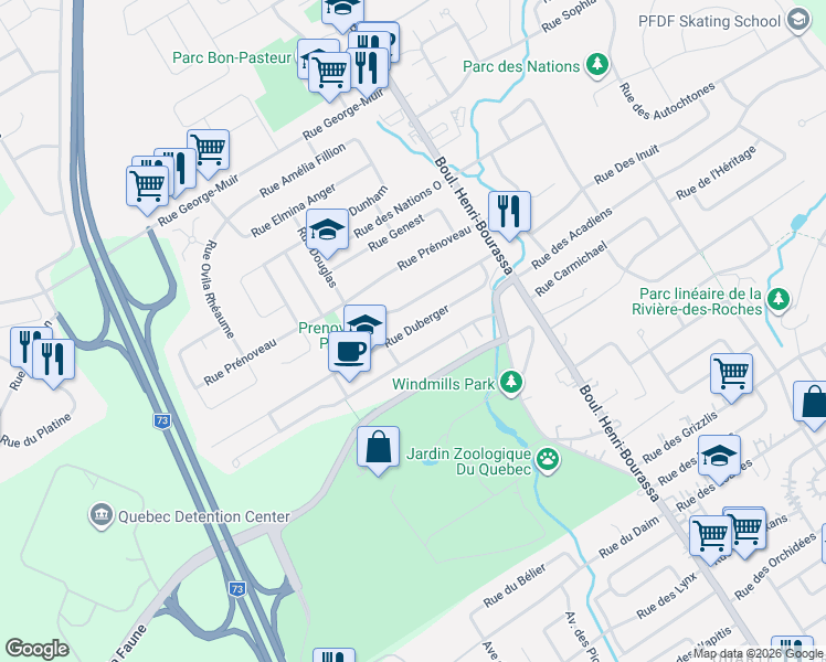 map of restaurants, bars, coffee shops, grocery stores, and more near 111 Rue Duberger in Québec