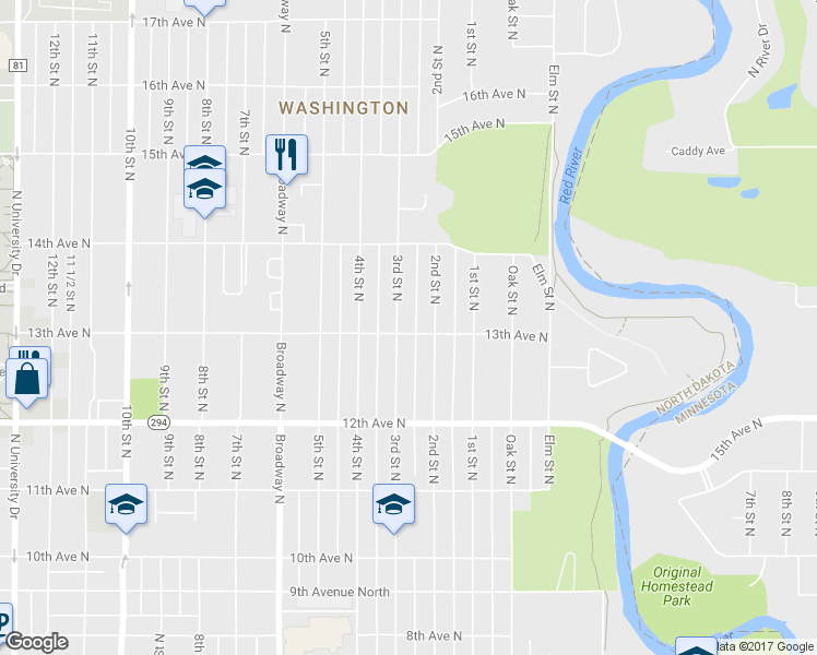 map of restaurants, bars, coffee shops, grocery stores, and more near 1301 3rd St N in Fargo
