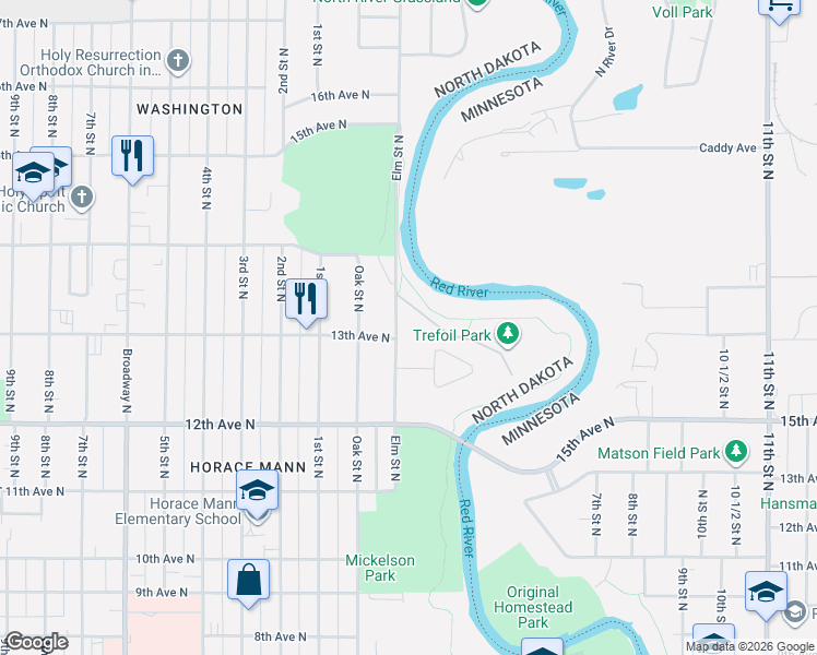 map of restaurants, bars, coffee shops, grocery stores, and more near 1307 Elm Street North in Fargo