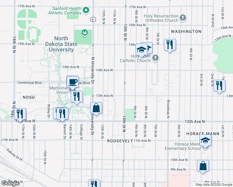 map of restaurants, bars, coffee shops, grocery stores, and more near 1017 13th Avenue North in Fargo