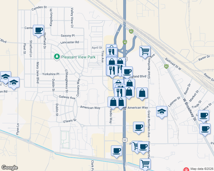 map of restaurants, bars, coffee shops, grocery stores, and more near 2902 Tina Avenue in Missoula