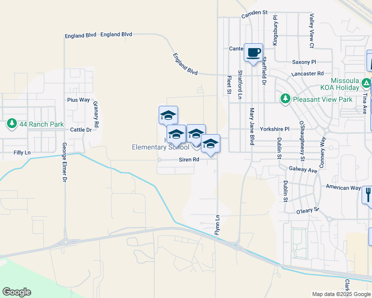 map of restaurants, bars, coffee shops, grocery stores, and more near 2365 Flynn Lane in Missoula