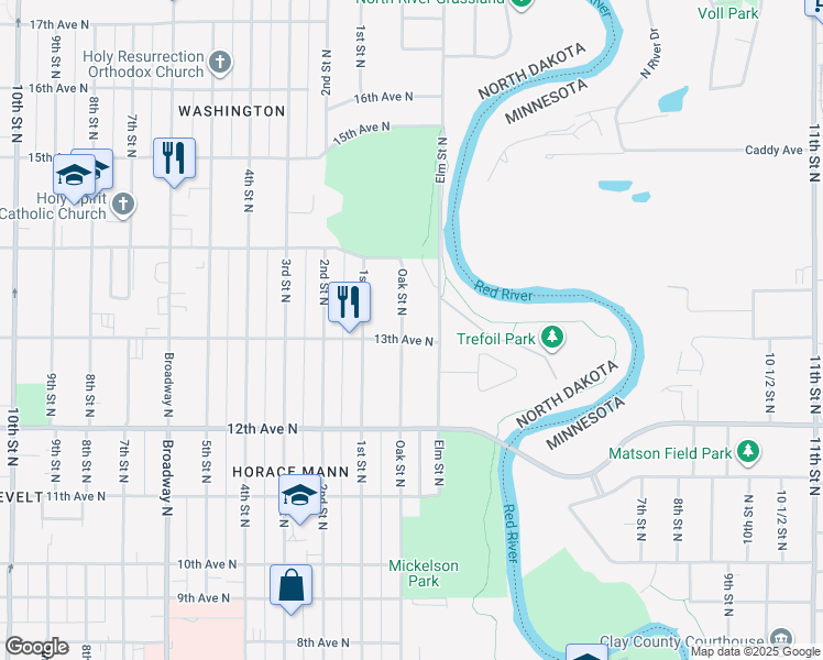 map of restaurants, bars, coffee shops, grocery stores, and more near 1301 Oak Street North in Fargo