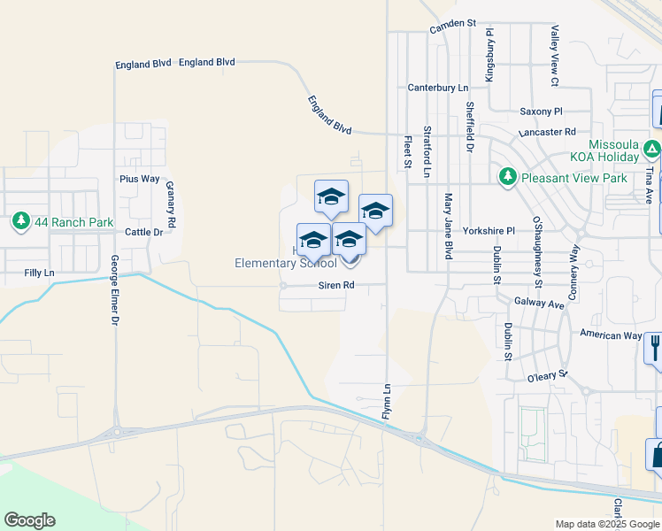 map of restaurants, bars, coffee shops, grocery stores, and more near 2385 Flynn Lane in Missoula