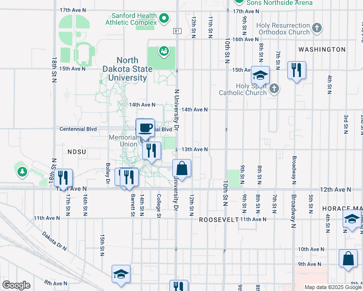 map of restaurants, bars, coffee shops, grocery stores, and more near 1303 North University Drive in Fargo