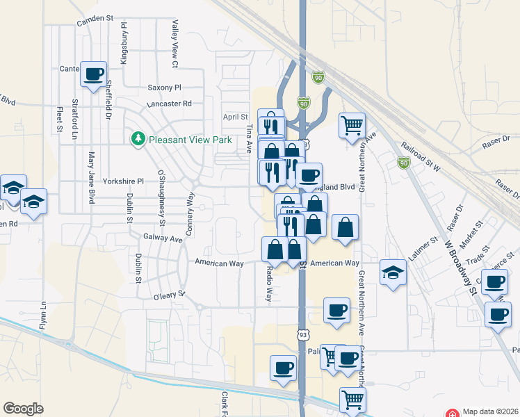 map of restaurants, bars, coffee shops, grocery stores, and more near 2902 Tina Avenue in Missoula