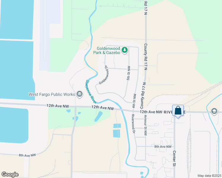 map of restaurants, bars, coffee shops, grocery stores, and more near 1265 Goldenwood Drive in West Fargo
